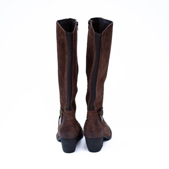 BORN Brown Suede Tall Leather Boots 9.5M Block Heels Buckle Side Zip Distressed - Picture 4 of 12